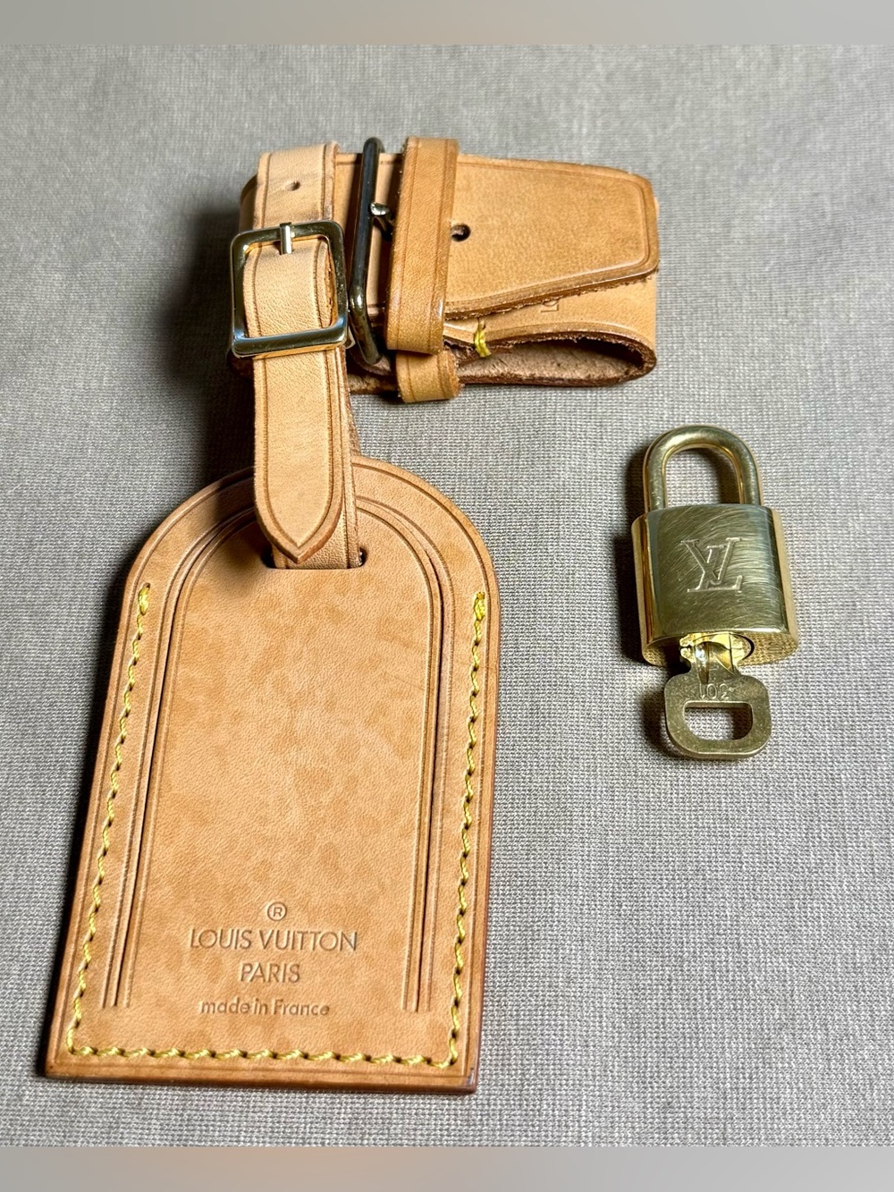 Louis Vuitton Tan Vachetta Leather Luggage Tag & Poignet and LV Gold Padlock 301